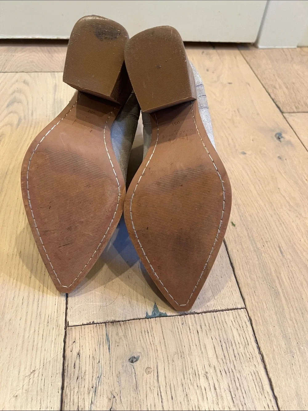 Marc Fisher Taupe Suede Pointed-Toe Block Heel Ankle Boots